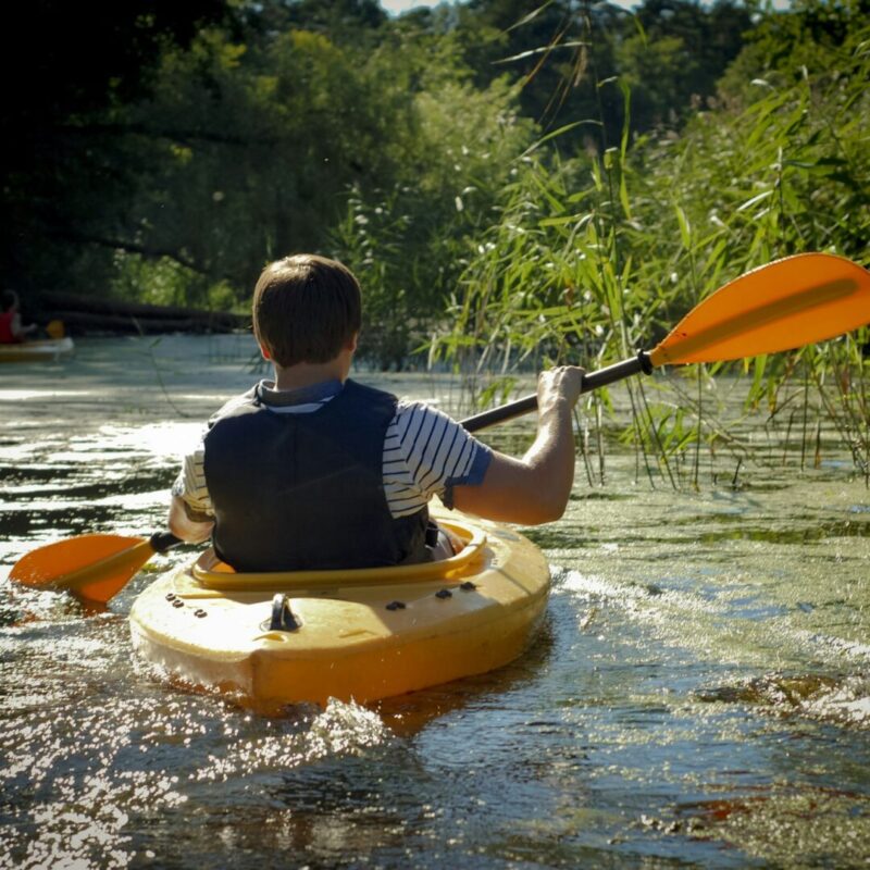 Guy in kayak floats on river, rearview