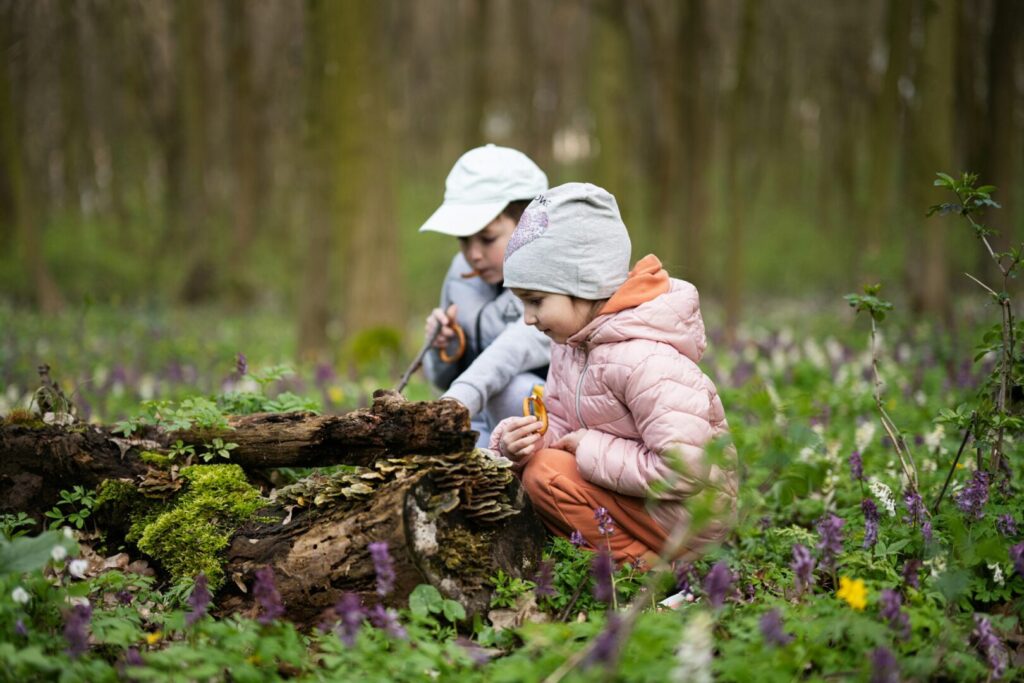 Brother with sister discover wood at spring forest.